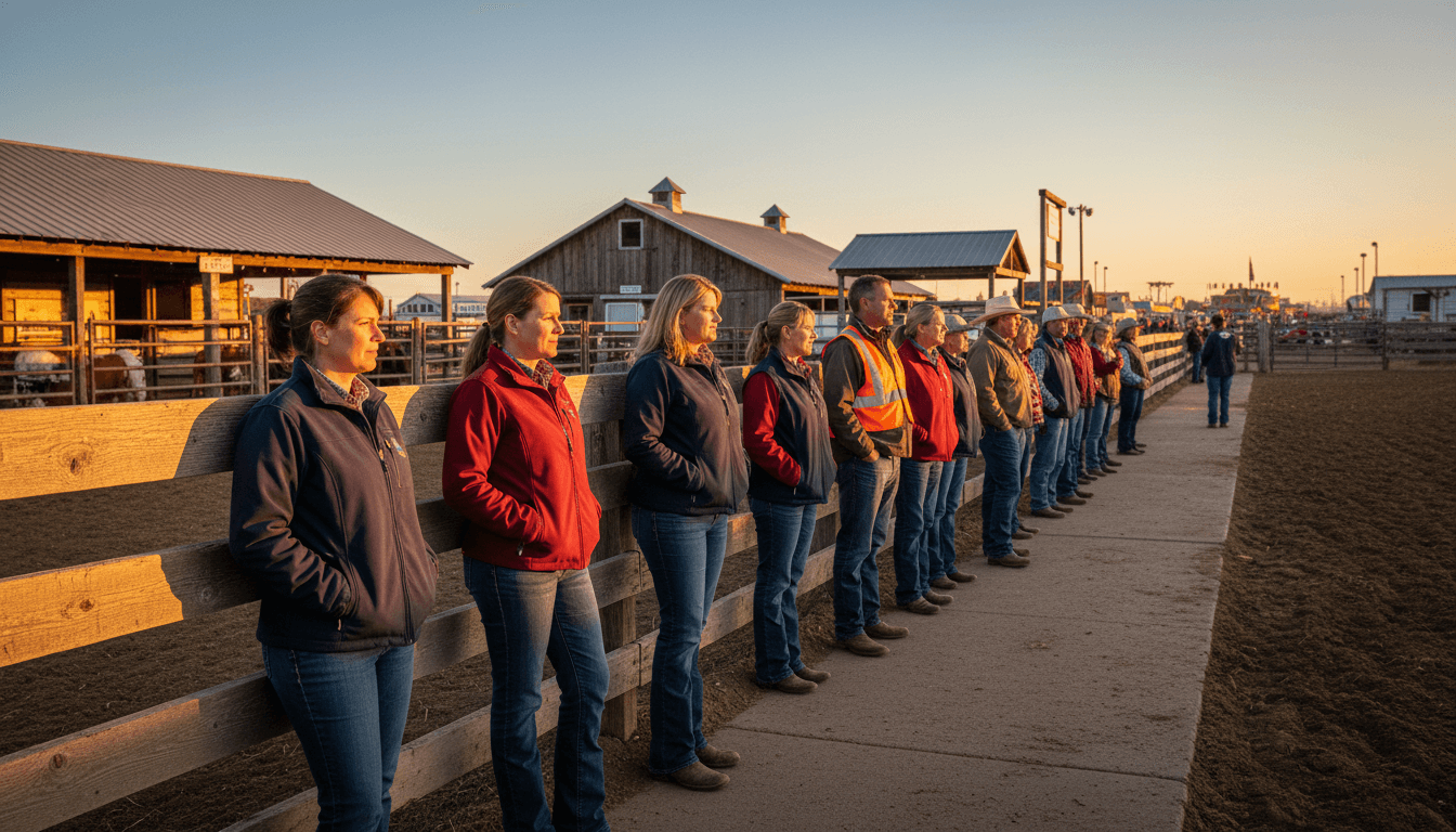 Volunteers in embroidered shirts on the San Antonio stock-show grounds